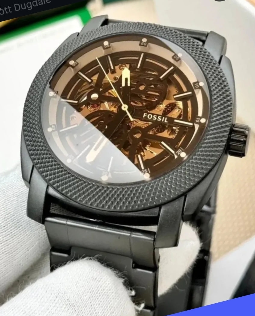 Fossil machine mechanical black stainless steel watch