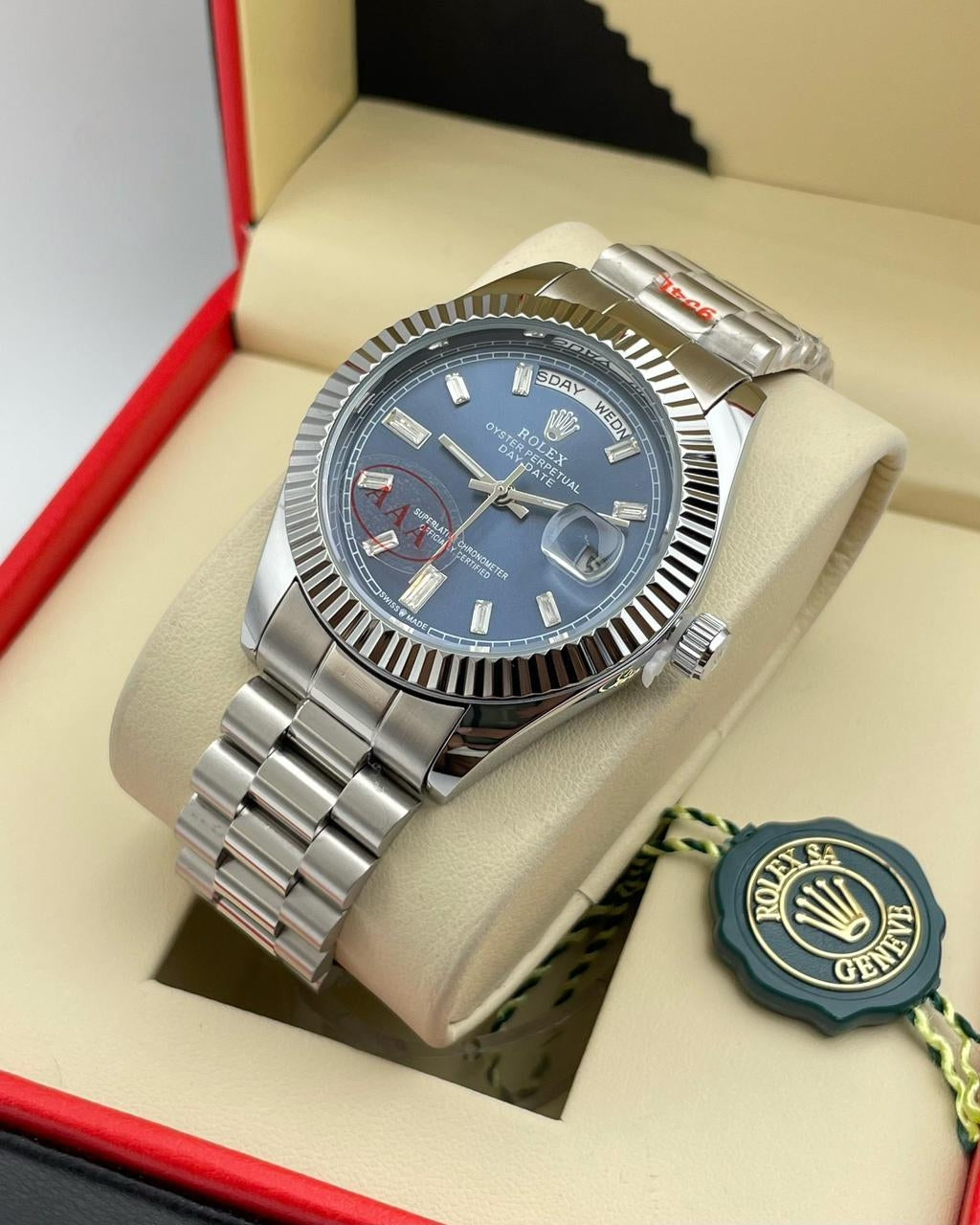 Luxury president style day-date watch silver&royal blu