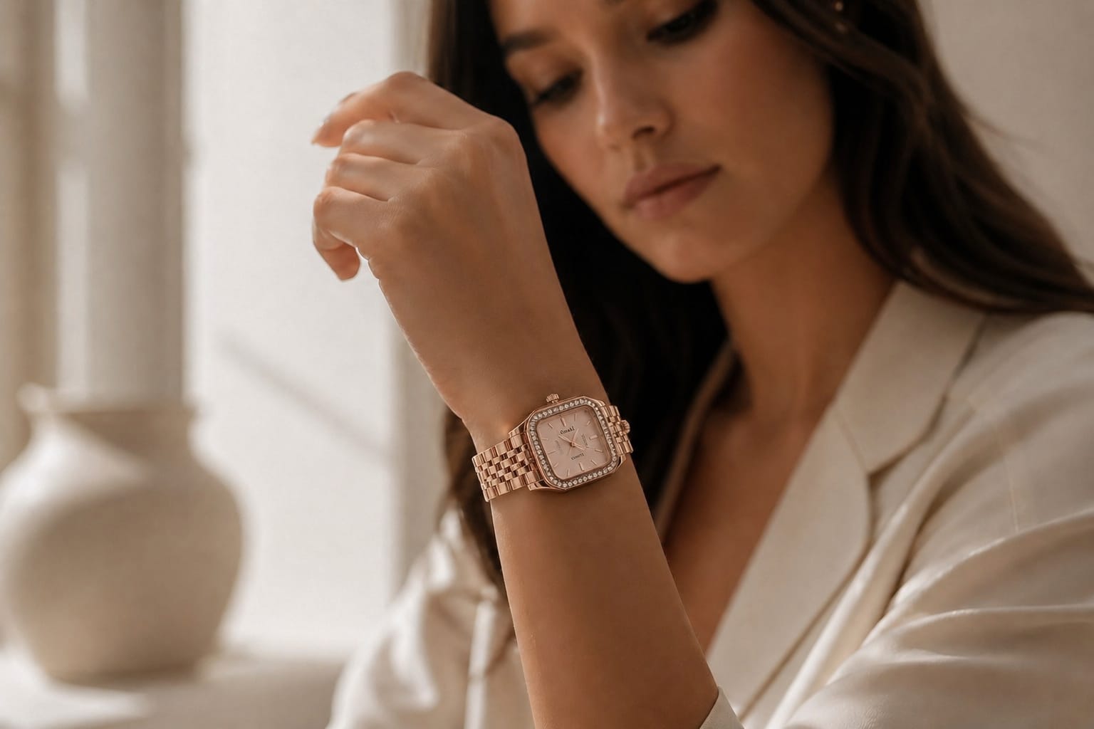 Elegant Rose Gold square Dial Women's watch with Diamond Bezel-premium Ladies wrist Watch