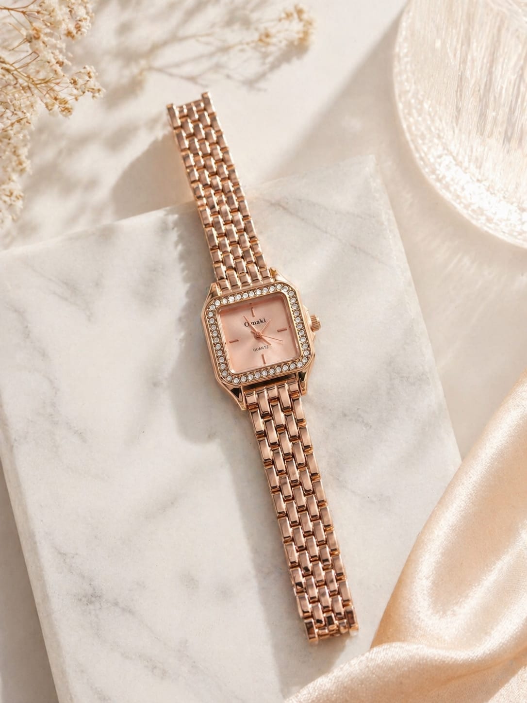 Elegant Rose Gold square Dial Women's watch with Diamond Bezel-premium Ladies wrist Watch