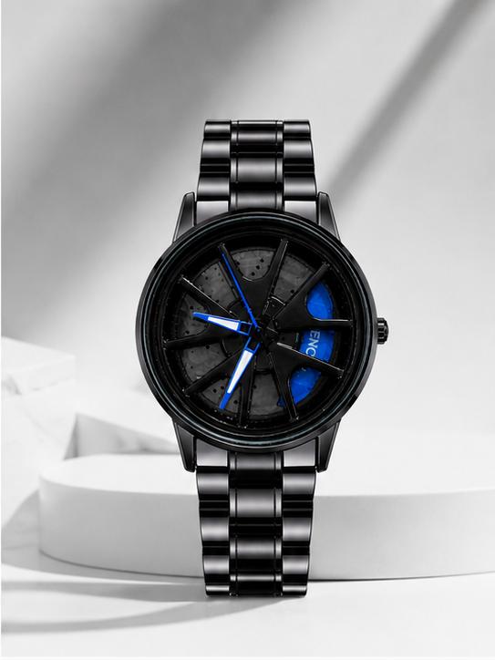 Premium spin Design Skeleton Watch -black metal strap